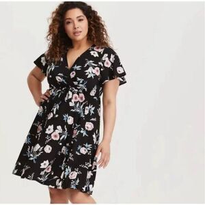 torrid Faux Wrap Floral Mini Dress Black Floral Print Fit & Flare Belted Tie 2X